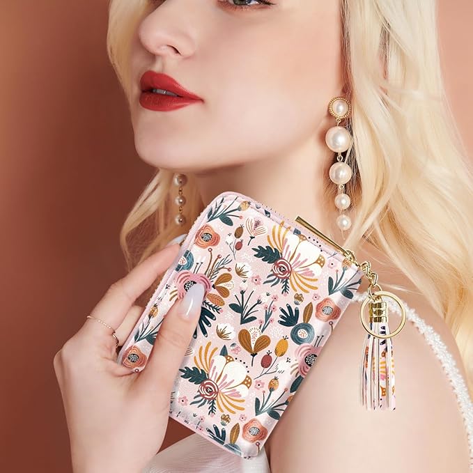Coco Rossi Leather Credit Card Wallet for Women, RFID Blocking Zipper Cards Holder with Tassel, Pink Flowers