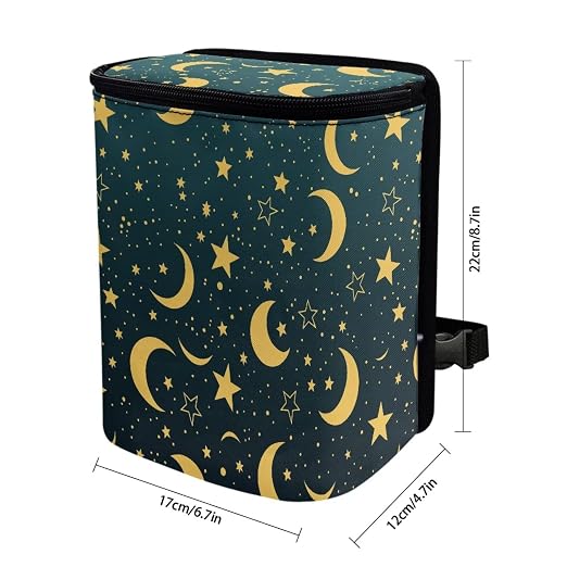 Car Trash Can with Lid Storage Pockets for Disposable Garbage Bag, Multipurpose Collapsible Car Organizer, Moon Star Print