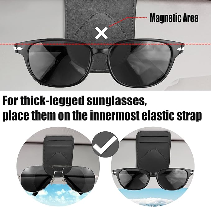 2 Pack Sunglass and Card Holder for Car Visor, 2 Card Slots Visor Glasses Clip, Strong Magnetic Visor Holder, Visor Accessories for Cars SUV-(Black 2Pcs)