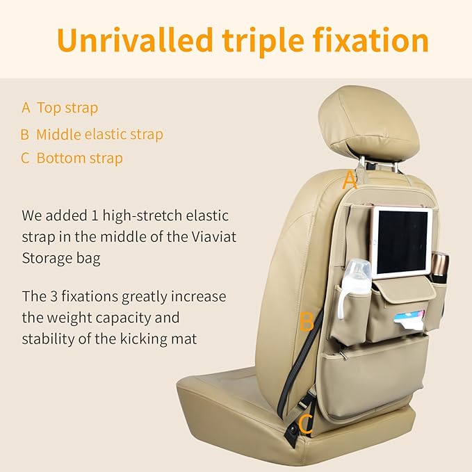 Viaviat Car Seat Organizers Waterproof Backseat Protector with Storage Pocket Large Leather Kick Mats for Kids Pets Automobile SUV Truck (Beige, Large Pocket)