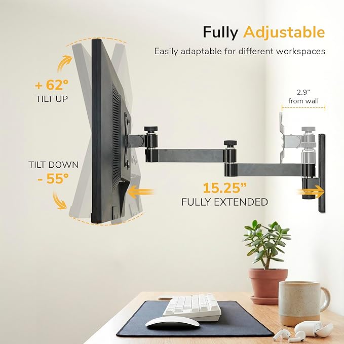 Mount-It! Full Motion Computer Monitor Wall Mount ??Adjustable Arm for Home Office, Gaming, Workstations ??Fits 19??2??Screens, VESA 75x75 & 100x100, Tilt Swivel Rotate, 33 lb, Single Stud Install