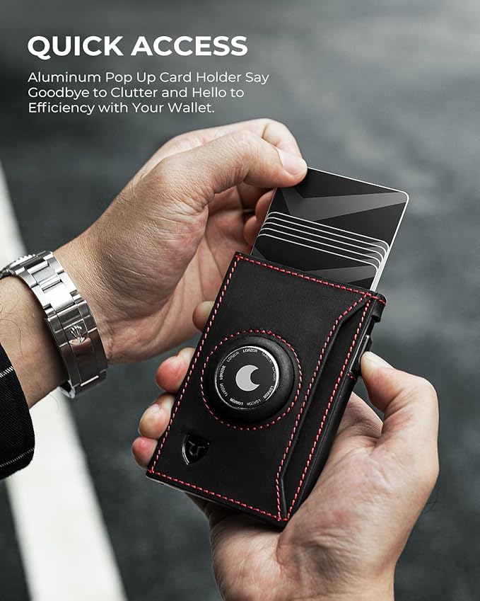 LORZOR Slim Airtag Wallet Pop Up Wallet, Genuine Leather Mens Wallet with Airtag Holder & ID Window, Minimalist RFID Blocking Metal Wallet for Men (Air Tag Not Included)