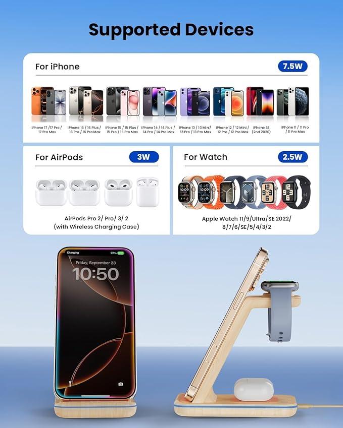 3 in 1 Wireless Charging, Wireless Charger Stand for Multiple Apple Devices, Wireless Charger for iPhone 17 16 15 14 13 12 11 Pro Max XS XR 8, Apple Watch 11 9 8 7 6 SE 5 4 3 2, AirPods 4/3/2/Pro