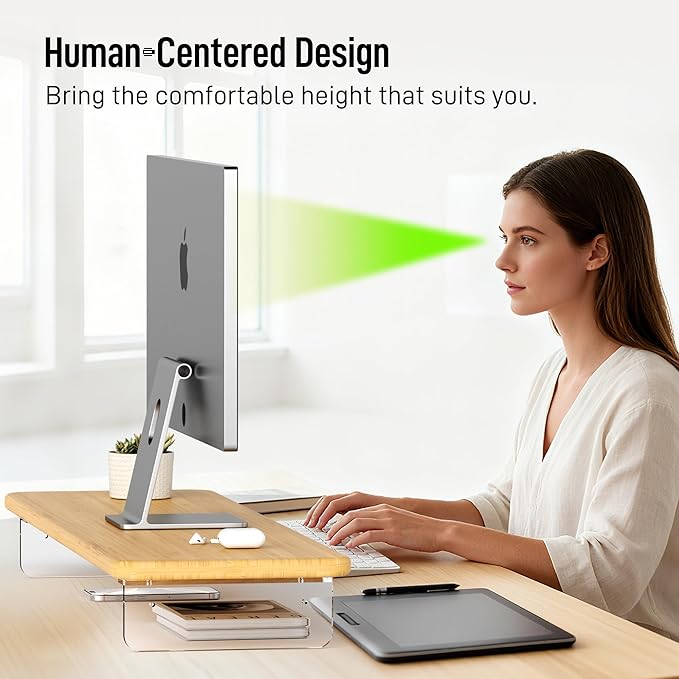 AFOOYO Bamboo Monitor Stand Riser, 31.5In Desk Organizer, Adjustable Arylic Feet Computer Monitor Stand, Desk Shelf for Office