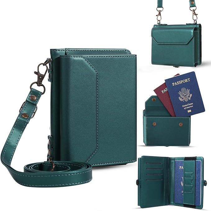 ASAPDOS RFID Blocking Family Passport Holder Wallet,Hold 2-3 Passports for Travel with Credit Card Slots & Wrist Crossbody Strap Blue Green