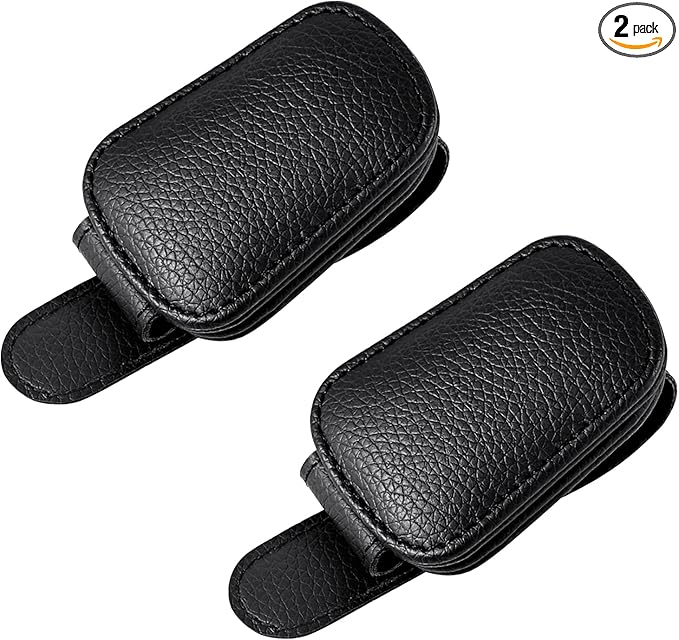 Vanjua 2 Pack Magnetic Leather Sunglass Holder for Car Visor, Universal Visor Sunglasses Holder Clip Car Accessories (Black)
