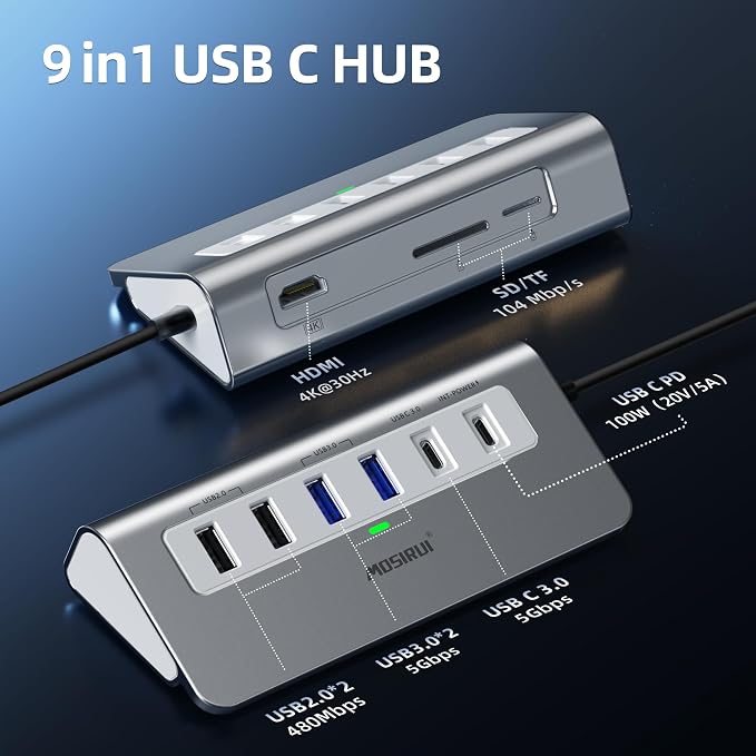 USB C Hub, Mosirui 9 in 1 USB C Hub Multiport Adapter with 4K@60Hz HDMI, PD 100W,USB C & 2 USB A 3.0 5Gbps,2 USB A 2.0,SD/TFCard Reader, 3.3 Ft Long Host Connection Cable, Usb Hub for Laptop & MacBook