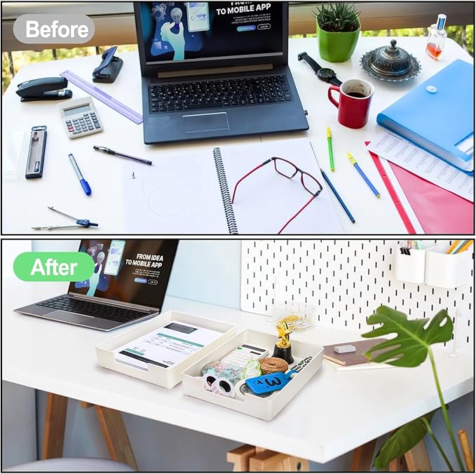 Eorbow 3 Pack Letter Tray, Plastic Stackable A4 Paper Trays, Rectangular Desk Drawer Organizer, File Holder for Desktop, Office Supplies Storage, White