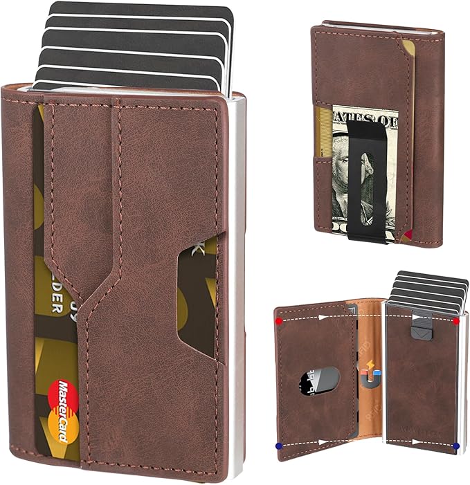 Mens slim Wallet，with RFID Shielding, Holds 9 Cards Easily, card wallet for Men, Minimalist Wallet For Men, Made of aluminum and Pu Synthetic Leather, Includes Cash clip (Coffee Color)