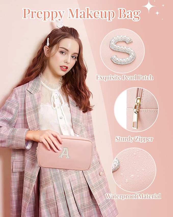 VLANDO Teacher Appreciation Gifts Personalized Birthday Gifts Makeup Kit Teen Girls Gifts Preppy Makeup Bag Small Cosmetic Bag Travel Graduation Gifts for Women T