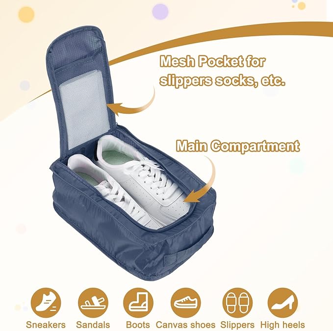Foldable Travel Shoe Bag, Waterproof Shoe Pouches Organizer with Handle Travel Packing Cubes -Fitting for Storing (Sneakers/Sandals/Fitness Shoes) 2 Pcs & Navy Blue