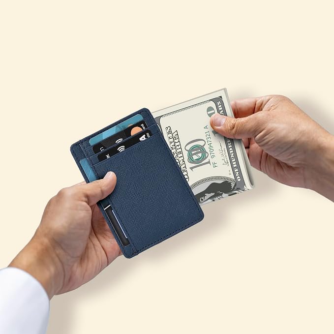 Real Leather Slim Minimalist Wallet for Men and Women -RFID Blocking Front Pocket Thin Credit Card Holder Stylish Wallets (Jeans Blue)