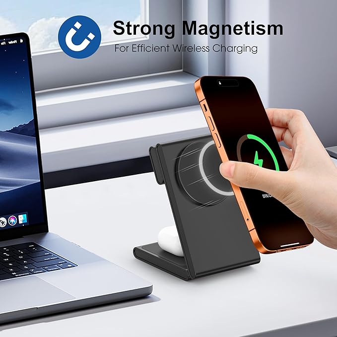 New Travel Foldable 3 in 1 Wireless Charging Station for Apple Magsafe Charger Stand,Fast Magnetic Wireless Charger Station for iPhone 17 Air 16 15 14 13 12 Series,Airpods Pro,Apple Watch Ultra-Black