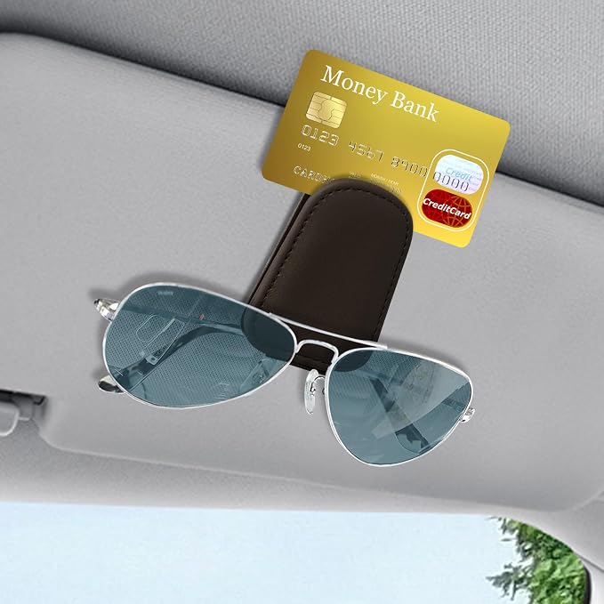 Sunglass Holder for Car, Sunglasses Clip for Car Visor, Magnetic Leather Vehicle Eyeglass Hanger Clip, Auto Ticket Card Glasses Organizer Clamp Accessories for SUV Sedan (Brown)