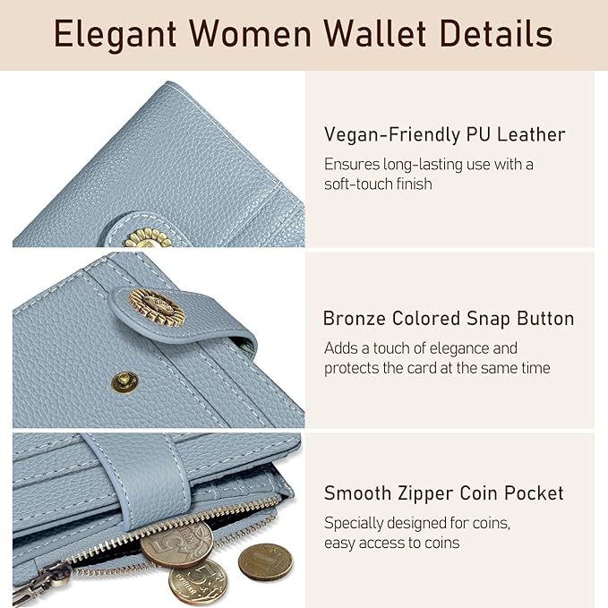 Kelvoris Small Rfid Women Wallet Bifold Zipper Coin Pocket PU Leather Compact Cash Credit Card Holder Travel Wallet for Female Ladies Teen Girls 1 ID Window 10 Card Slots Blue