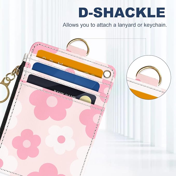 Slim Wallet Credit Card Holder, Pink Daisy, RFID Wallet Women Cute Small Front Pocket Wallet With Zipper, PU Leather Thin travel RFID Blocking Card Case ID Window,Ladies Gifts