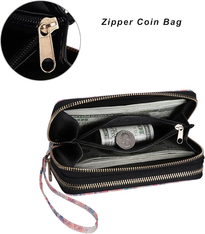 Cellphone Wallet for Women Dual Zipper Long Purse with Removable Wristlet