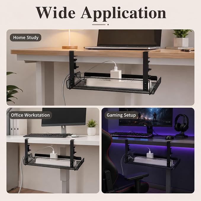 Under Desk Cable Management Tray, No Drill Under Desk Shelf with Clamp for 0.4-1.8 in Table, Black Metal Mesh Wire Organizer for Power Strips and Cord Storage in Home Office