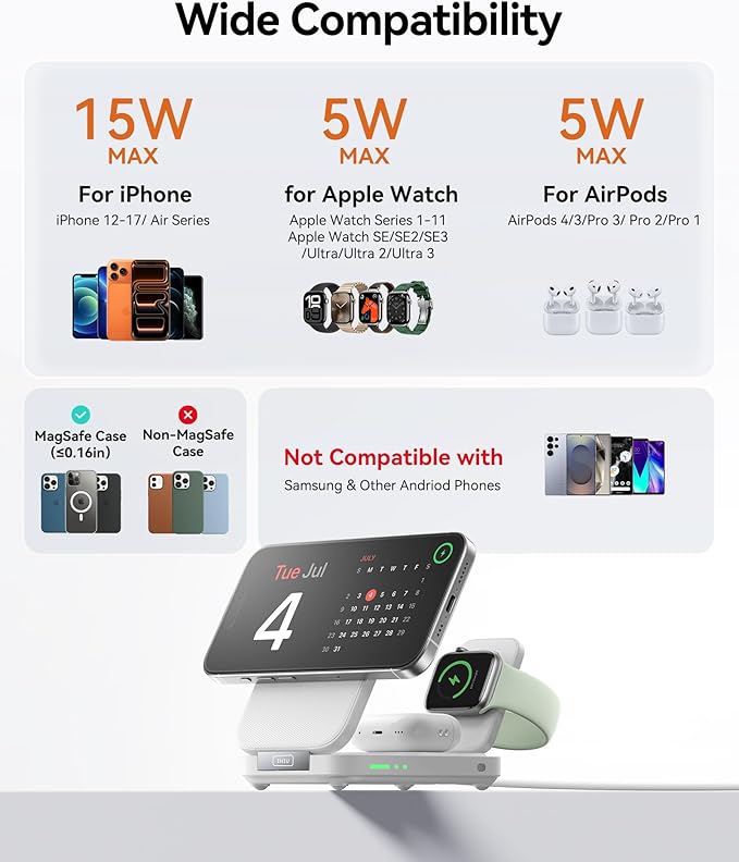 INIU Foldable Magnetic Wireless Charger, Qi2 Certified 3-in-1 Travel Charging Station with 15W Fast Charge - Compatible with Mag-Safe for iPhone 17/16/15 Series, Apple Watch, AirPods (White)