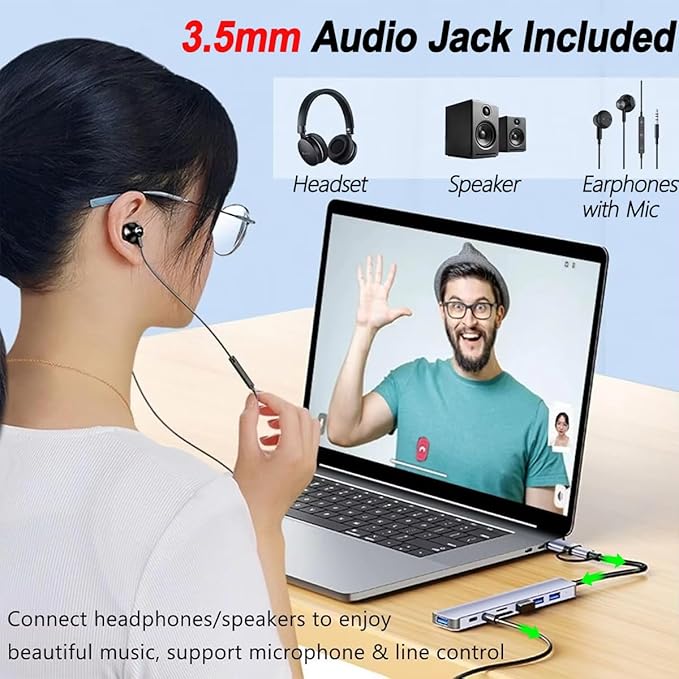USB Hub 3.0 USB C Hub with SD Card Reader Audio Jack 8 in 1 USB Extender Splitter Multiport Dongle Adapter for MacBook Pro Air and More PC/Laptop/Tablet Devices