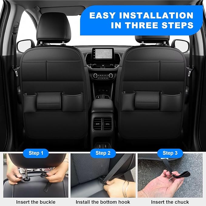 Back Seat Protector 2 Pack Fit For Jeep Grand Cherokee Car Kick Mats with Cup & Tissue Storage Organizer Pockets Waterproof Dirt Proof Faux Leather Auto Accessories For Kids(1 Pair Black)