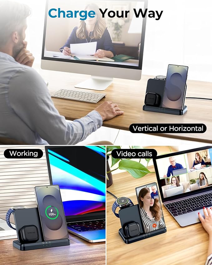 EGV Wireless Charger for Samsung – 3 in 1 Wireless Charging Station for Galaxy S26 Ultra S25 S24, Z Fold Flip 7/6, Detachable Watch Charger for Galaxy Ultra 8/7/6, Foldable, Fast Charging, No Adapter