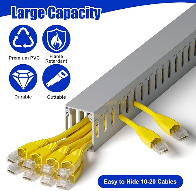 ZhiYo H1.6in W1.2in Professional Server Rack Cable Management Raceway, 6ft (2 x L3ft) Cable Raceway Kit, Electrically Safe PVC Open Slot Wire Raceway for Under Desk/Computer/Network Cords, Grey