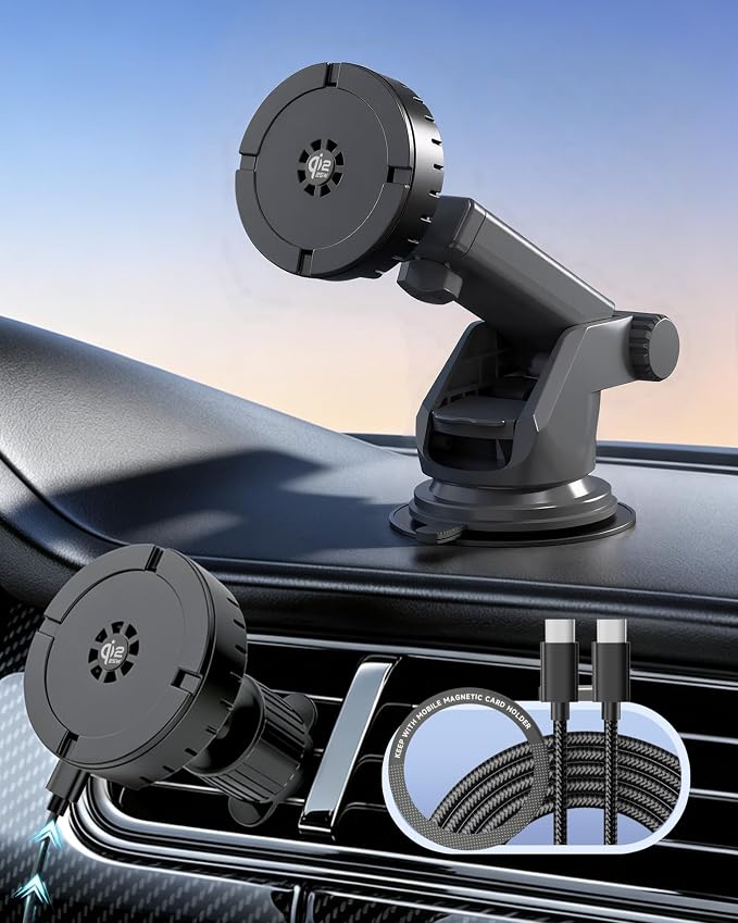 25W for MagSafe Car Mount Charger with Cooling Fan, Qi2.2 Magnetic Car Phone Holder for iPhone, 360° Adjustable Fast Wireless Cars Charging for iPhone 17/16/15/14/13, Air Vent & Dash Mount