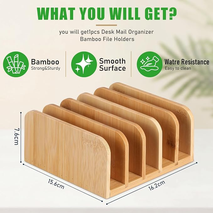 Lineshading Bamboo Letter Organizer, 5 Compartments Desk Mail Organizer, Desktop Envelope Holder and Letter Sorter, Countertop Paper File Holders with Anti Slip Mat for Home Office(Bamboo Color)