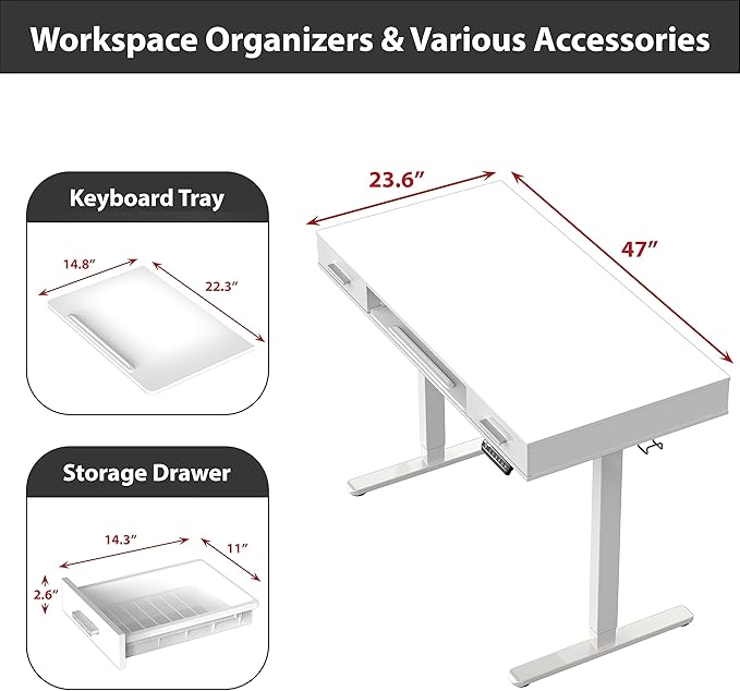 SHW 48-Inch Electric Height Adjustable Desk with Keyboard Tray and 2 Drawers, White