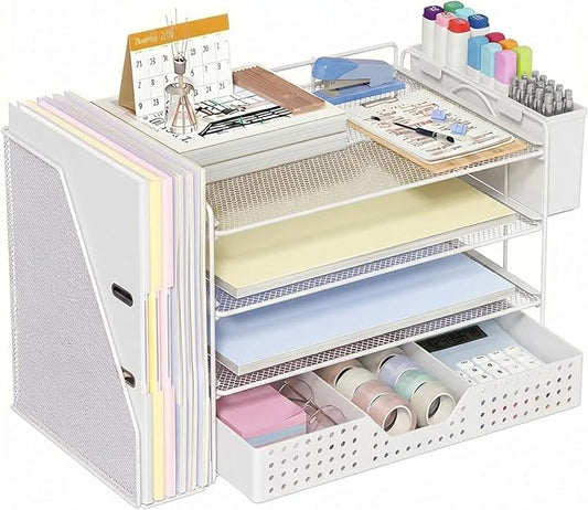 ECOLOVI Desk Organizer, 4-Tier Paper Organizer Letter Tray with File Holder, Drawer and 2 Pen Holders, Desktop File Organizer for Office Supplies, Workspace Storage, White