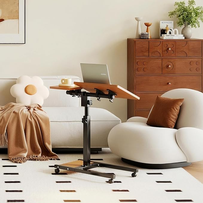 Laptop Desk Stand for Bed Portable Desk Overbed Bedside Mobile Laptop Table Rolling Foldable Table Adjustable Height with Locked Wheels & Mouse Pad for Office Sofa (Natural Color)