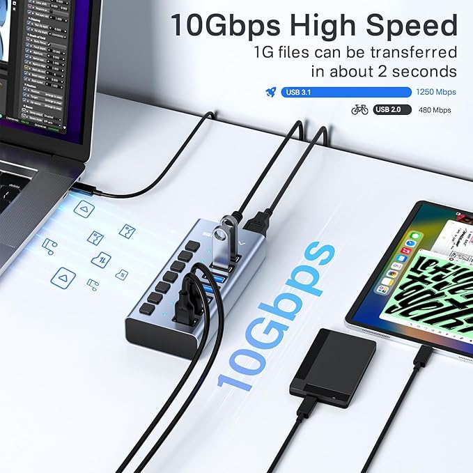 Powered USB 3.2 Hub, ACASIS 7 Ports USB 3.2 Hub with 10Gbps Data Speed, Aluminum Housing, USB Hub Powered with 24W Power Adapter, USB Hub for PC/Laptop, Computer, Flash Drive, Printer, Camera