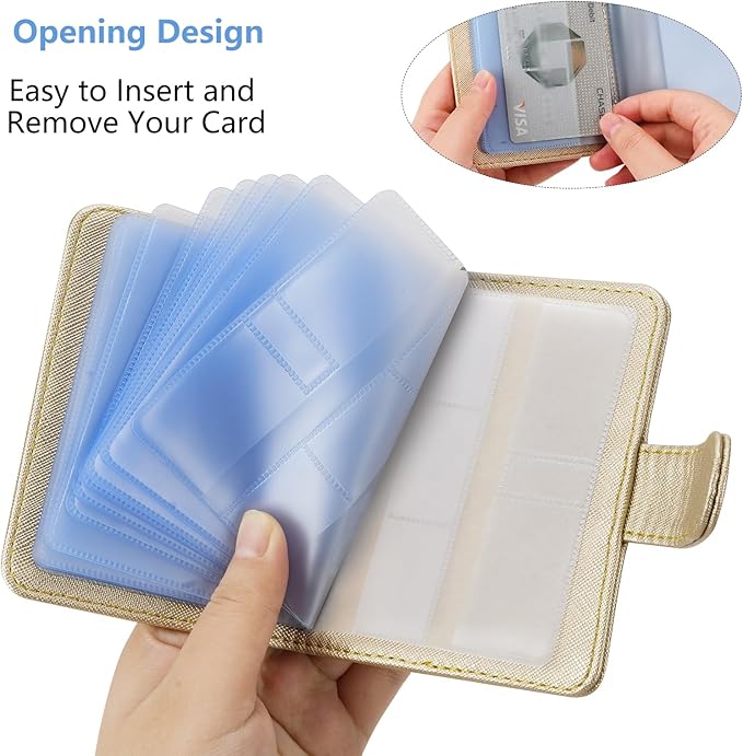 Wisdompro Credit Card Holder, Slim Leather RFID Blocking Wallet Debit Card Protector Organizer Case (20 Card & 7 Memory Card Slots)-Vertical Gold