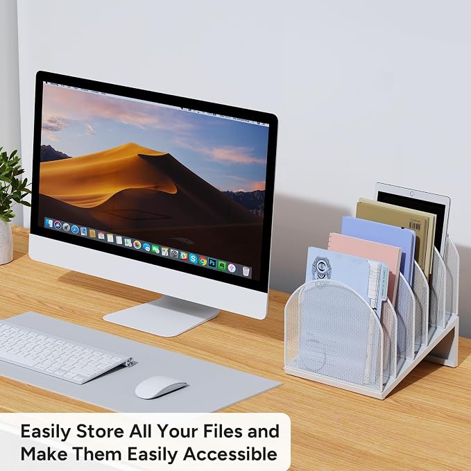 5-Section Desk File Organizer, Metal Mesh Folder Organizer for Documents, Mail & Office Papers (White)