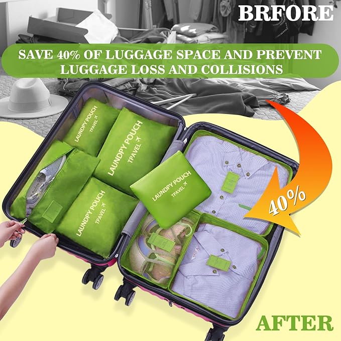 8 Set Packing Cubes for Travel Luggage Packing Bags Reusable Waterproof Suitcase Organizer Cubes Set with Shoe Bag and Toiletry Bag (Green)