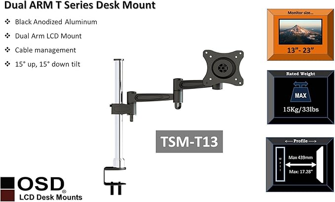 OSD Audio TSM-T13 Home and Office Single Arm Extended Desk Mount for 17-inch to 37-inch Monitor