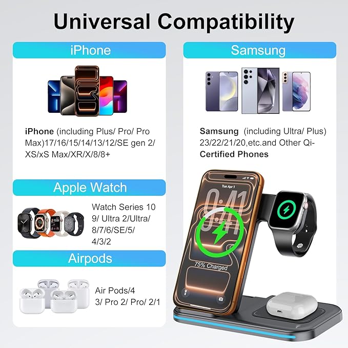[Qi] 3 in 1 Charging Station for iPhone, 21W Wireless Charging Station, Stand Multiple Devices for Apple, for iPhone 17 16 15 14-8 Pro Max, Watch, AirPods 4 3 Pro, Nightstand, Desk, Trip, Gift