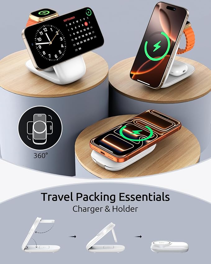 3-in-1 Wireless Charging Station for MagSafe,Foldable Magnetic Stand for iPhone 17/16/15-12 Series, Apple Watch/AirPods,Fast Charger for Qi Phones - Ideal for Home/Office/Travel (White, Normal)