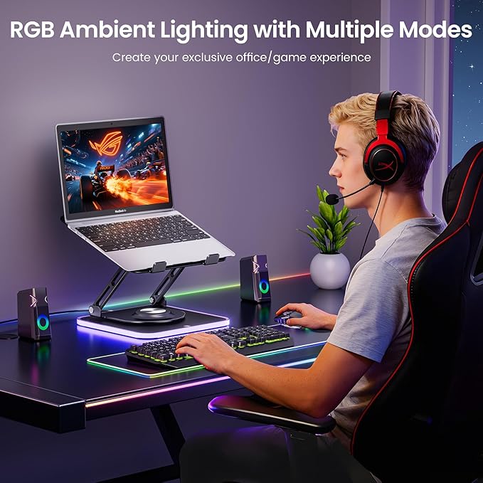 JOYEKY RGB Laptop Stand for Desk, Adjustable Ergonomic Laptop Riser with 360° Rotating Base, Foldable & Portable Computer Stand, Suitable for All 10-16” Laptops