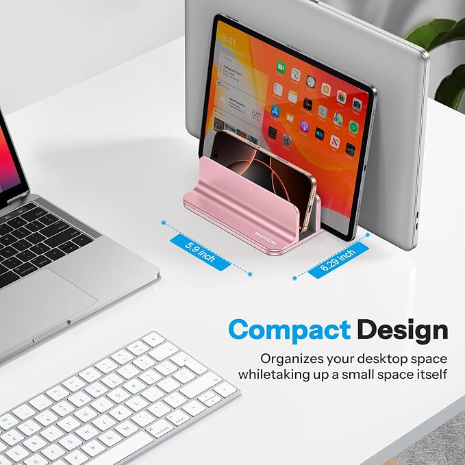 OMOTON Vertical Laptop Stand [Updated 3-Solts Version], Desktop Aluminum Mac Book Stand with Adjustable Dock Size, Fits All Mac Book, Surface, Chrome Book and Gaming Laptops (Up to 17.3 in),Rosegold