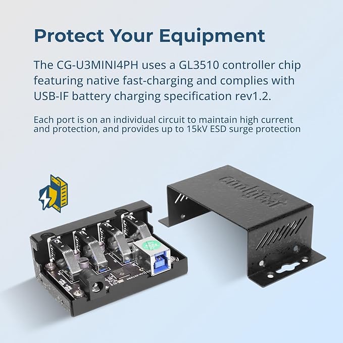 Coolgear 3.2 Gen 1 USB Hub - 4 Port USB Hub with 5Gbps Data Transfers, Mountable Metal Housing, 5V Power Adapter, ESD Surge Protection, Bus or Self Powered