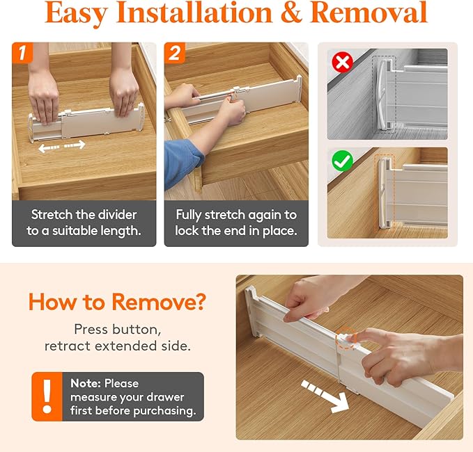 Lifewit 4" Tall 14 Pack Drawer Dividers, 27-42cm/10.5-16.5" Expandable Drawer Divider for Clothes, Adjustable Dresser Drawer Organizers, Drawers Separators for Dresser/Bathroom/Closet/Kitchen White