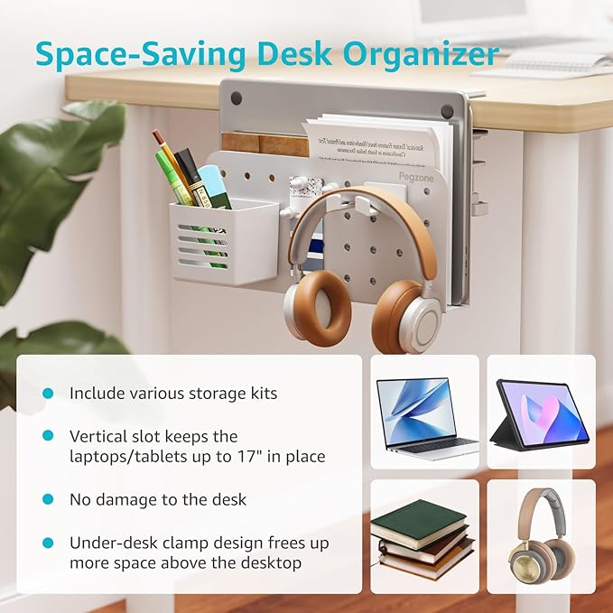Desk Side Storage Organizer, No Drill Under Desk Laptop Holder, Clamp on Desks Shelf with Pegboard Accessories, Hanging Laptop Mount, Fits Flat Edge 0.4" to 2.2", White