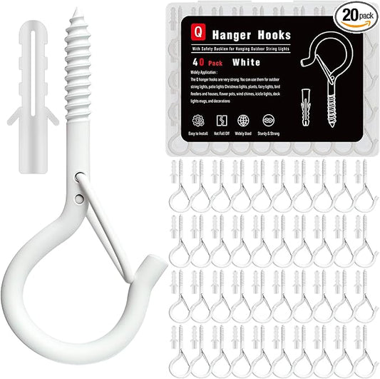 Black Screw Hooks with Safety Lock 2.3" Rustproof Metal Ceiling Hooks for Hanging Plants, Baskets,String Lights & Outdoor Decor, 40LB Capacity (40, White)