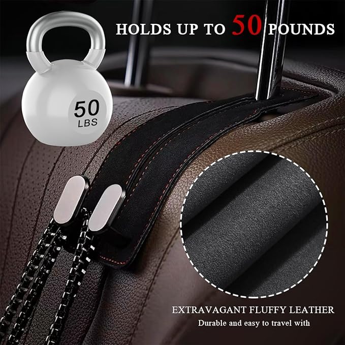 2 PCS Car Seat Headrest Hook, Back Seat Hanger with Double Flexible Leather Hooks, Soft Leather Double Headrest Metal Hooks Purse Handbag Organizer, Car Accessories (Black)