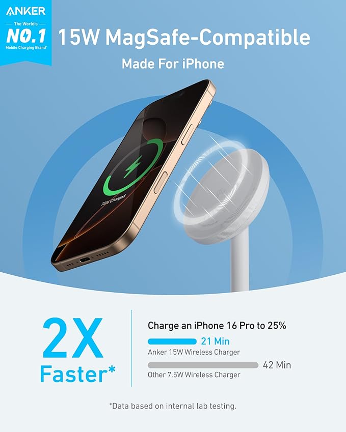 Anker MagGo iPhone 17 MagSafe Charger Compatible Stand, 15W Fast Magnetic Wireless Charging Station, Qi2 Certified 360° Wireless Charger (White, with Cable & Adapter)