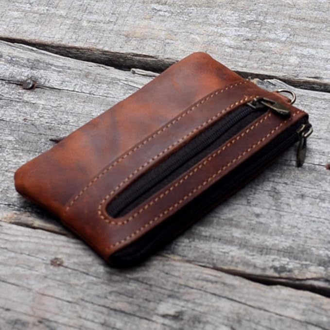 JJNUSA Genuine Leather Zipper Coin Purse for Men, Credit Card Case Holder, Mens Tray Purses Coin Purse Cash Change Wallet Car Smart Holder Money Pouch Brown