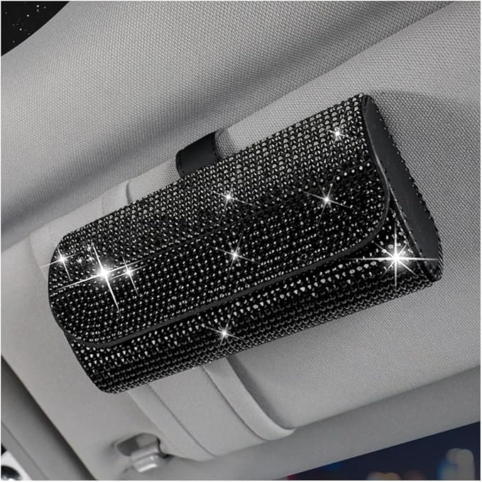 Osilly Bling Car Sunglass Holder for Sun Visor, Sparkling Crystal Leather Automotive Eyeglasses Mount Clip Organizer with Hidden Magnetic Closure for Men Women, Universal for SUV Truck Van（Black）