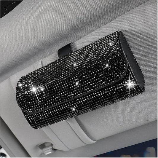 Osilly Bling Car Sunglass Holder for Sun Visor, Sparkling Crystal Leather Automotive Eyeglasses Mount Clip Organizer with Hidden Magnetic Closure for Men Women, Universal for SUV Truck Van（Black）